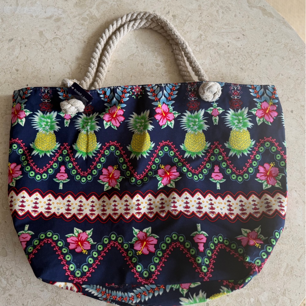 Kendall and James Navy Tropical Pineapple Canvas Tote Bag NWT